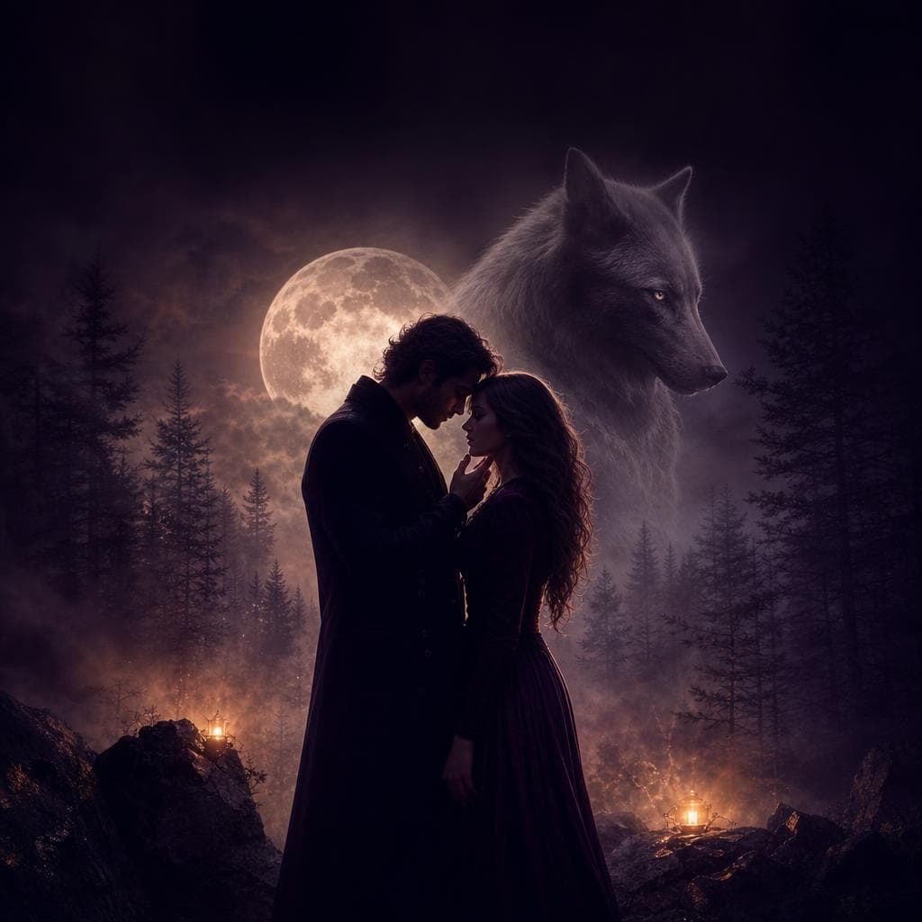 Draft cover: a couple about to kiss beneath a full moon, a wolf's face rising out of the mist behind them